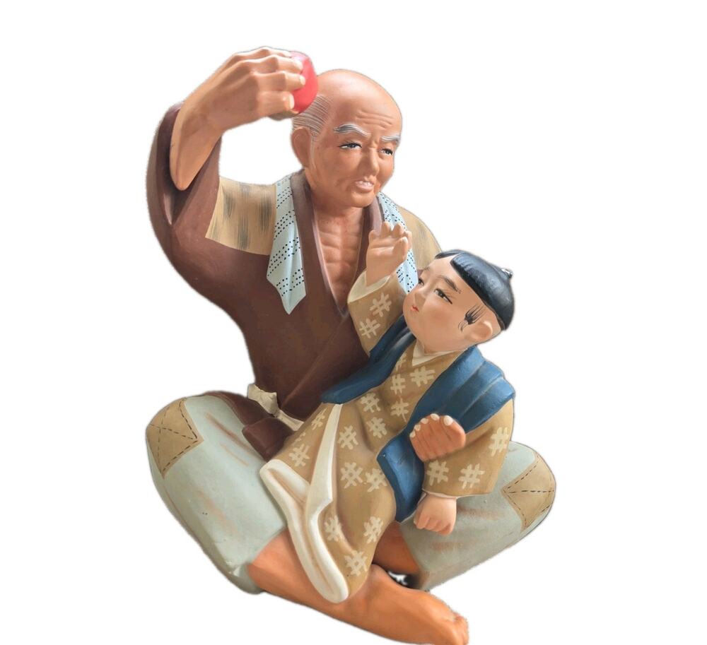 Hakata Urasaki Dolls Seated Man Figurine With Grandchild Japan Made Ceramic 10"